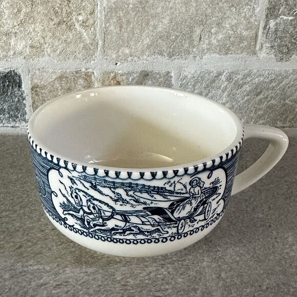 7 Currier & Ives Blue Coffee Tea Cup Mug Horse & Carriage - Picture 2 of 4